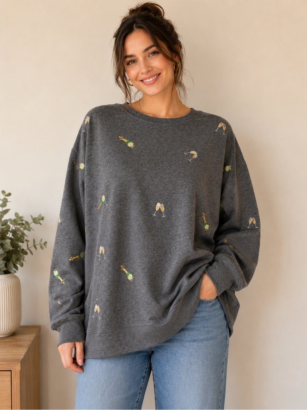 Elegant Charcoal Gray Women's Sweatshirt with Embroidery